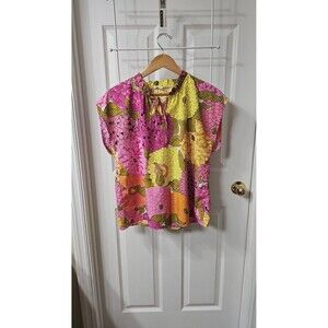 THML Vibrant Floral Ruffle Neck Tie Front Sleeveless Top